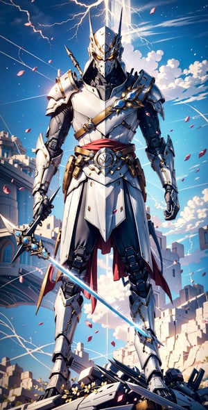 Realistic, (masterpiece1.2), (Ultra HDR quality), high detailed body, fairy suit ice blue colour knight Armour, glowing hitech armour, Hi-Tech web shooter, hitech weapon, deadly look, Kingdom, standing on thunder ice, holding thunder gold sword, glowing  lightning yellow sword, shining sword, mecha, ezio_soul3142, mask, 