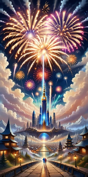 Bring to life an enchanting scene heralding the arrival of New Year 2024. Picture a panoramic view featuring a dazzling display of fireworks painting the night sky in vivid hues, lively celebrations with people rejoicing, and a backdrop that captures the essence of hope and new beginnings. Craft a visually stunning image that encapsulates the spirit of joy, anticipation, and the promise of a remarkable journey into the year 2024.,DonMDj1nnM4g1cXL 