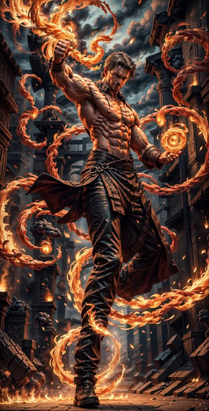 "Craft an image in an anime fantasy world style, depicting a lithe, muscular man with his fist ablaze in magical fire. Surround the burning fist with swirling black smoke, creating a captivating and dynamic scene that showcases his power and mastery of magic.",Sexy Muscular