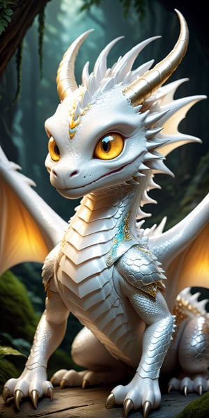 Craft an enchanting fantasy scene featuring a beautiful silver-white biometric dragon with glowing, shiny biometrical features. Imagine captivating golden eyes and impressive glass horns. Place this majestic creature in a fantasy-style background that complements its ethereal beauty, aiming for a visually striking image with intricate details and a magical atmosphere.,cute dragon