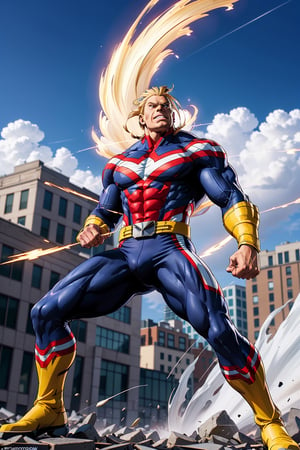 Description: Create an image of the iconic character from My Hero Academia, All Might, showcasing his immense power. The image should depict All Might in his hero form, with his muscles bulging and his iconic red, white, and blue costume. He should be using his signature move, "Plus Ultra Wind Wave," where he gathers energy and unleashes a powerful shockwave of wind and force. The impact of the wind wave should be visible, with debris being blown away and a dynamic pose that conveys his heroic determination. The background could show the cityscape, emphasizing the scale of his impact. Perfect face, perfect body, 