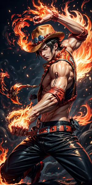 Create the iconic One Piece character, Portgas D. Ace:

"Visualize the legendary Portgas D. Ace, a prominent character from the One Piece anime. He possesses a lithe and muscular physique, reflecting his formidable strength.

Ace is clad in his signature attire, wearing a stylish hat that adds to his iconic appearance. His defining ability is his mastery over fire, and his hands should be ablaze with flickering flames, showcasing his power to manipulate fire at will.

Set him against a background of raging fire, with flames dancing in the backdrop, creating an inferno-like atmosphere. The flames should emphasize his fiery abilities and his unwavering resolve.

Capture this image to pay homage to Portgas D. Ace's character, showcasing his powerful presence and his association with the element of fire, a central theme in his story arc within the One Piece series." ((Perfect face)), ((perfect hands)), ((perfect body)), [perfect image of Portgas D. Ace(one piece anime character)]