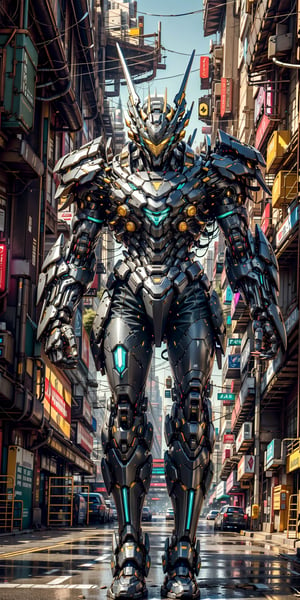 In the neon-lit streets of a cyberpunk metropolis, a Hi-Tech swordsman emerges as a beacon of futuristic prowess. Encased in a robotic suit of red and blue armor, he stands within a pulsating cocoon of yellow luminescence. The armor's intricate details reflect the advanced technology that defines this world.

At his side, a custom cyber-style sword gleams with an otherworldly radiance, its blade a fusion of artistry and advanced engineering. The streets behind him are awash in the vibrant glow of neon signs and holographic advertisements, painting a vivid backdrop to his enigmatic presence.

The image captures every gleam and glint in astonishing 4K Ultra HDR quality, enhancing the fine details of the cybernetic armor and the interplay of light and shadow in the urban setting. This scene encapsulates the essence of cyberpunk's high-tech aesthetics, delivering an image that seamlessly marries advanced technology with cutting-edge style.,mecha musume,robot
