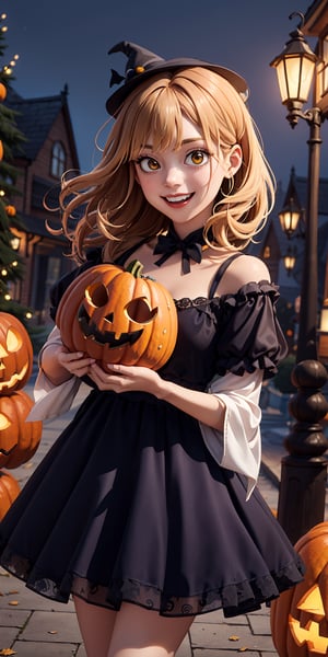 Imagine and create a delightful Halloween-style image featuring a beautiful girl adorned in an enchanting dress, joyfully holding a pumpkin and smiling. Capture the festive and charming atmosphere of Halloween with attention to detail in her dress, expression, and the pumpkin she holds. Request high-detail rendering to bring out the beauty and cheerfulness in this Halloween-themed image, making it a delightful portrayal of the season