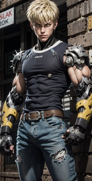 Genos(one punch man), mechanical cyborg, average human height. His face and ears look like that of a normal human, made of artificial skin, and his eyes have black sclera with yellow irises. He has spiky blond hair and his eyebrows are blond (one punch man anime)., Tank top, denim pants, glowing body, fighting stand, punching a wall, 