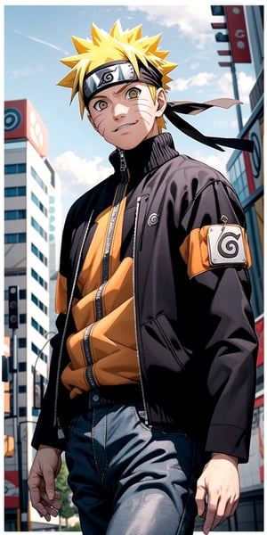 Create a super high detailed image of Naruto uzumaki with yellow spiky hair brown eyes, lite smile on his face lite muscular body wearing black jacket denim pant wearing ninja headband sunglasses, walking on city road, super realistic image of Naruto uzumaki, 32k Ultra HDR high quality image, masterpiece ,FFIXBG