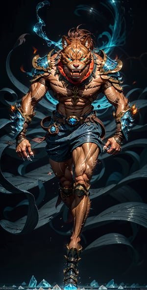 Fire Werewolf, glowing Blue eyes, giant body, leather armour, film magic claws, Iceland ice background, running on ice, iron clows Gauntlet, angry look ,perfecteyes, furry body, 