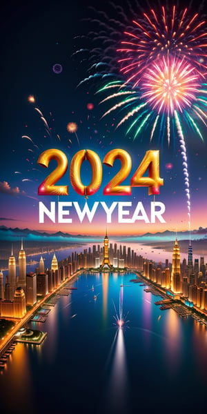 "Create a visually captivating Happy New Year 2024 poster that exudes joy and optimism. Seamlessly integrate the text 'Happy New Year 2024' into a vibrant scene filled with celebratory elements like dazzling fireworks, an array of vibrant colors, and symbols of festivity. Design a beautiful poster that not only encapsulates the spirit of hope and new beginnings but also radiates warmth and joy, inviting everyone to welcome the upcoming year with anticipation and positivity.",Text