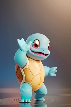 "Animate a heartwarming and short sequence featuring cute Squirtle from Pokemon. Picture cute Squirtle lifting its hand to wave hi to viewers. Request a delightful and fluid animation that captures the friendly and charming personality of Squirtle in this endearing moment. (Squirtle_Pokemon)