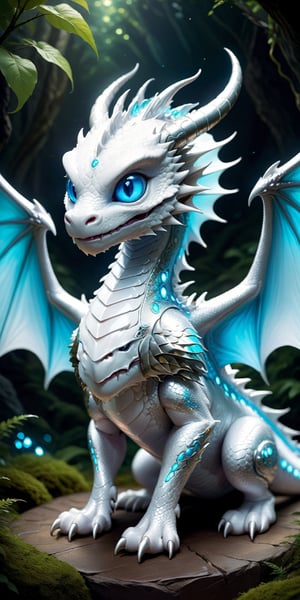 Craft an enchanting fantasy scene featuring a beautiful silver-white biometric dragon with glowing, shiny biometrical features. Imagine captivating blue eyes and impressive glass horns. Place this majestic creature in a fantasy-style background that complements its ethereal beauty, aiming for a visually striking image with intricate details and a magical atmosphere.,cute little dragon
