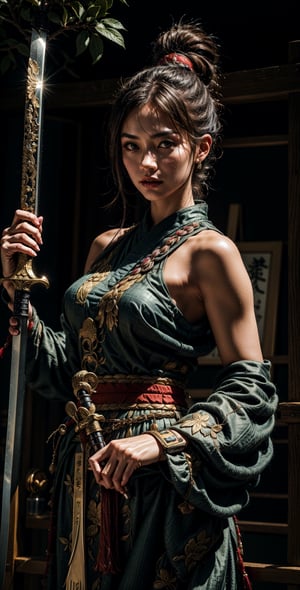"Generate an image of a captivating Japanese samurai woman. She possesses stunning, expressive eyes that reflect her strength and wisdom. Her long, lustrous black hair flows gracefully as she stands tall in a traditional samurai outfit, exuding elegance and power. In her hand, she firmly holds a gleaming Katana sword, symbolizing her mastery in the art of the sword and her dedication to the way of the warrior." (Photographic, realistic, masterpiece, HDR high quality image,), 