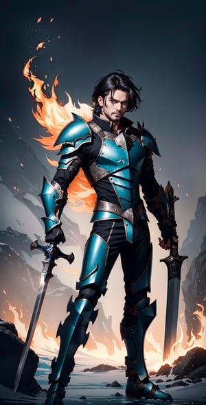 Create an image of a warrior donning leather armor that accentuates his lithe yet muscular form. His stance exudes readiness as he grips a shield and sword, prepared for battle. His spiky black hair adds a touch of wildness to his look, while his aqua blue eyes gleam with intensity. The air around him crackles with both fire and ice magic, his outstretched hand emanating flames and frost. His sword, an embodiment of magical prowess, gleams with enchantment. Capture the fusion of fire and ice elements in the surrounding environment to amplify the visual impact."
