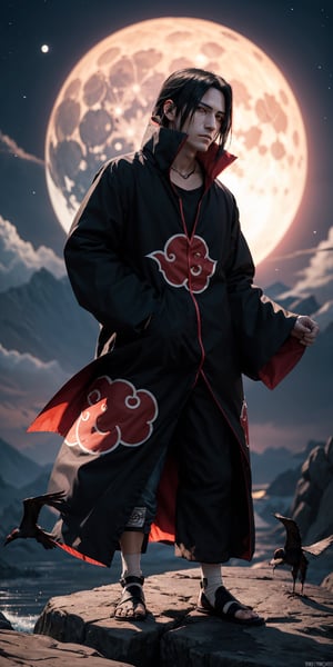Imagine a striking image of Itachi Uchiha with his long black hair, glowing red eyes, and a strong physique seated on a rock against a night background with a full moon. Envision flying crows surrounding him, creating a captivating and cool atmosphere. Request meticulous attention to detail in portraying Itachi's features and the surrounding elements. Aim for a visually impactful composition that showcases the cool and enigmatic presence of Itachi Uchiha, making direct eye contact with the viewer in this mesmerizing night scene.