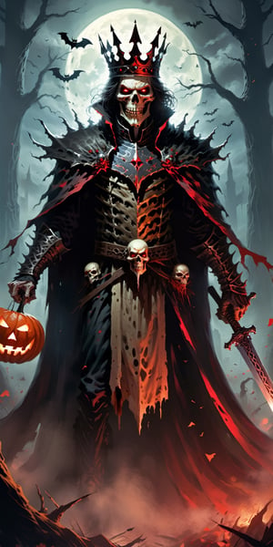 Craft a Halloween-style fantasy world image featuring a terrifying undead king with a skull face and glowing red eyes. Envision the king adorned in torn black and red dark clothes, wielding a deadly, sinister spiky weapon. Specify a dark fantasy-style atmosphere with chilling details, capturing the sinister essence of this undead monarch. Request a visually striking composition that blends the elements of horror and fantasy, creating a haunting masterpiece perfect for the Halloween theme