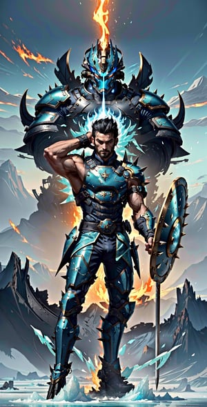 Create an image of a warrior donning leather armor that accentuates his lithe yet muscular form. His stance exudes readiness as he grips a shield and sword, prepared for battle. His spiky black hair adds a touch of wildness to his look, while his aqua blue eyes gleam with intensity. The air around him crackles with both fire and ice magic, his outstretched hand emanating flames and frost. His sword, an embodiment of magical prowess, gleams with enchantment. Capture the fusion of fire and ice elements in the surrounding environment to amplify the visual impact.",Science Fiction