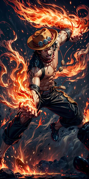 Create the iconic One Piece character, Portgas D. Ace:

"Visualize the legendary Portgas D. Ace, a prominent character from the One Piece anime. He possesses a lithe and muscular physique, reflecting his formidable strength.

Ace is clad in his signature attire, wearing a stylish hat that adds to his iconic appearance. His defining ability is his mastery over fire, and his hands should be ablaze with flickering flames, showcasing his power to manipulate fire at will.

Set him against a background of raging fire, with flames dancing in the backdrop, creating an inferno-like atmosphere. The flames should emphasize his fiery abilities and his unwavering resolve.

Capture this image to pay homage to Portgas D. Ace's character, showcasing his powerful presence and his association with the element of fire, a central theme in his story arc within the One Piece series."