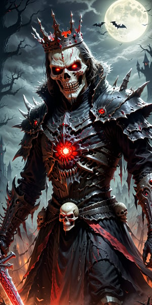 Craft a Halloween-style fantasy world image featuring a terrifying undead king with a skull face and glowing red eyes. Envision the king adorned in torn black and red dark clothes, wielding a deadly, sinister spiky weapon. Specify a dark fantasy-style atmosphere with chilling details, capturing the sinister essence of this undead monarch. Request a visually striking composition that blends the elements of horror and fantasy, creating a haunting masterpiece perfect for the Halloween theme