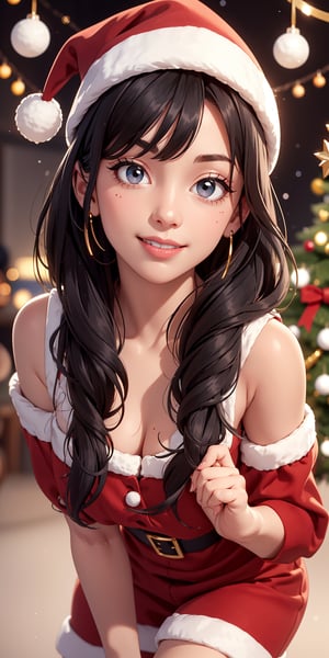 A beautiful girl, with beautiful black eyes, black hair, parted lips, smile, makeup, lipstick, cheerful personality, wearing Christmas style beautiful red dress, hat, boots, looking at viewer, beautiful Christmas background, detailed face, detailed eyes, detailed hands and fingers, photo realistic, super high detailed, super realistic image, 16k ultra HDR high resolution image, masterpiece,Christmas,1 girl