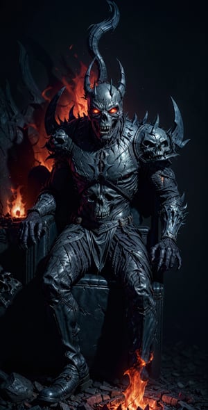  a perfect scary image of a dark and malevolent king:

"Generate a spine-chilling and nightmarish visual representation of a sinister and malevolent Dark King. This malevolent figure possesses a skull-like face with sunken, hollow eyes that burn with a malevolent, glowing red light. His smile is twisted with pure evil.

The Dark King is clad in a dark and rugged suit of armor that exudes an aura of dread and malevolence. Dark smoke billows ominously from his very being, creating an eerie and unsettling atmosphere around him.

In his powerful grasp, he holds a dark demon sword with an eerie black aura that seems to consume all light. The sword is a symbol of his malevolent power and authority.

Seated upon a throne crafted from the bones of the fallen, the Dark King radiates a sense of dread and dominance. The throne itself is an ominous testament to his reign of terror.

The background is engulfed in an eerie, purplish flame that casts eerie shadows and adds to the haunting ambiance.

This image captures the essence of a terrifying and formidable Dark King, a figure of darkness and fear." (Flame, fire background), photographic cinematic super super high detailed super realistic image, 8k HDR super high quality image, masterpiece, ((he wearing fire armour)),Elemental