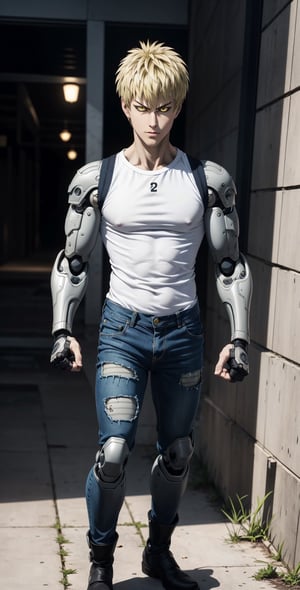 Genos(one punch man), mechanical cyborg, average human height. His face and ears look like that of a normal human, made of artificial skin, and his eyes have black sclera with yellow irises. He has spiky blond hair and his eyebrows are blond (one punch man anime)., Tank top, denim pants, full body, fighting stand