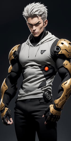 Genos(one punch man), mechanical cyborg, average human height. His face and ears look like that of a normal human, made of artificial skin, and his eyes have black sclera with yellow irises. He has spiky blond hair and his eyebrows are blond (one punch man anime)., Tank top, denim pants, glowing body, fighting stand, punching a wall, 