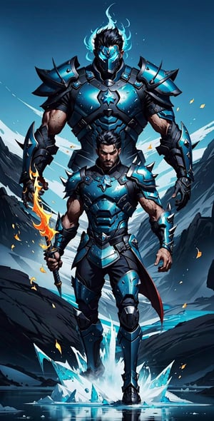 Create an image of a warrior donning leather armor that accentuates his lithe yet muscular form. His stance exudes readiness as he grips a shield and sword, prepared for battle. His spiky black hair adds a touch of wildness to his look, while his aqua blue eyes gleam with intensity. The air around him crackles with both fire and ice magic, his outstretched hand emanating flames and frost. His sword, an embodiment of magical prowess, gleams with enchantment. Capture the fusion of fire and ice elements in the surrounding environment to amplify the visual impact."