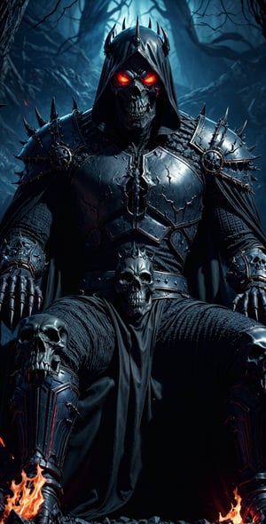 a perfect scary image of a dark and malevolent king:

"Generate a spine-chilling and nightmarish visual representation of a sinister and malevolent Dark King. This malevolent figure possesses a skull-like face with sunken, hollow eyes that burn with a malevolent, glowing red light. His smile is twisted with pure evil.

The Dark King is clad in a dark and rugged suit of armor that exudes an aura of dread and malevolence. Dark smoke billows ominously from his very being, creating an eerie and unsettling atmosphere around him.

In his powerful grasp, he holds a dark demon sword with an eerie black aura that seems to consume all light. The sword is a symbol of his malevolent power and authority.

Seated upon a throne crafted from the bones of the fallen, the Dark King radiates a sense of dread and dominance. The throne itself is an ominous testament to his reign of terror.

The background is engulfed in an eerie, purplish flame that casts eerie shadows and adds to the haunting ambiance.

This image captures the essence of a terrifying and formidable Dark King, a figure of darkness and fear." (Flame, fire background), photographic cinematic super super high detailed super realistic image, 8k HDR super high quality image, masterpiece, ((he wearing fire armour))