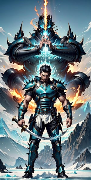 Create an image of a warrior donning leather armor that accentuates his lithe yet muscular form. His stance exudes readiness as he grips a shield and sword, prepared for battle. His spiky black hair adds a touch of wildness to his look, while his aqua blue eyes gleam with intensity. The air around him crackles with both fire and ice magic, his outstretched hand emanating flames and frost. His sword, an embodiment of magical prowess, gleams with enchantment. Capture the fusion of fire and ice elements in the surrounding environment to amplify the visual impact.",Science Fiction