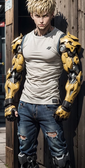 Genos(one punch man), mechanical cyborg, average human height. His face and ears look like that of a normal human, made of artificial skin, and his eyes have black sclera with yellow irises. He has spiky blond hair and his eyebrows are blond (one punch man anime)., Tank top, denim pants, glowing body, fighting stand, punching a wall, 