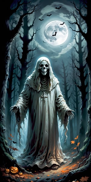 Envision a spine-chilling scene with a scary, sinister ghost in a dark ghostly forest under a full moon. Request a detailed depiction of the ghost against a dark background, capturing an atmosphere of dread and mystery. Emphasize the spectral features of the ghost and the haunting elements of the forest, creating a Halloween-style image that sends shivers down the spine
