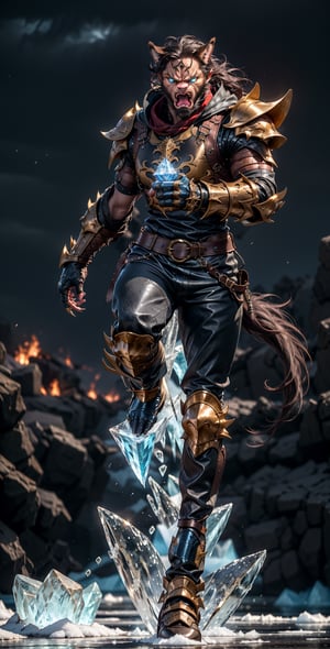 Fire Werewolf, glowing Blue eyes, giant body, leather armour, leather long pants, film magic claws, Iceland ice background, running on ice, iron clows Gauntlet, angry look ,perfecteyes