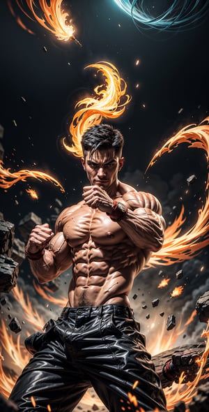 "Craft an image in an anime fantasy world style, depicting a lithe, muscular man with his fist ablaze in magical fire. Surround the burning fist with swirling black smoke, creating a captivating and dynamic scene that showcases his power and mastery of magic."
