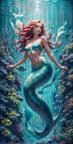 "Craft an exquisite image of a beautiful mermaid gracefully submerged in crystalline waters, her flowing iridescent tail reflecting the play of light. Surround her with an underwater tableau of stunning coral reefs, swaying aquatic plants, and a kaleidoscope of colorful fishes that weave through the aquatic tapestry, creating a mesmerizing and vibrant underwater world.",Mermaid