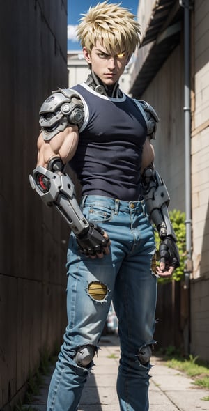 Genos(one punch man), mechanical cyborg, average human height. His face and ears look like that of a normal human, made of artificial skin, and his eyes have black sclera with yellow irises. He has spiky blond hair and his eyebrows are blond (one punch man anime)., Tank top, denim pants, glowing body, punching a wall, full body, 