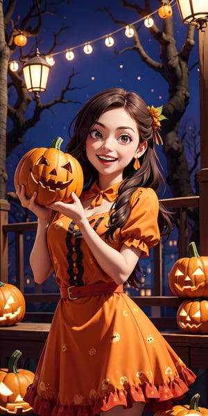 Imagine and create a delightful Halloween-style image featuring a beautiful girl adorned in an enchanting dress, joyfully holding a pumpkin and smiling. Capture the festive and charming atmosphere of Halloween with attention to detail in her pumpkin printed dress, expression, and the pumpkin she holds. Request high-detail rendering to bring out the beauty and cheerfulness in this Halloween-themed image, making it a delightful portrayal of the season