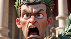 A close-up of Octavian’s stern face, showing intense anger and determination. His eyes are narrowed, and his lips are pressed tightly together. The background is filled with Roman symbols of authority, such as the eagle and the laurel wreath.", 3d render, pixar style