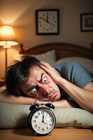 Show a person waking up in the morning with an exaggerated, exhausted expression, rubbing their eyes and looking drained. The background can be a dimly lit bedroom with an alarm clock showing an early hour.