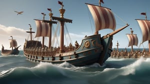  A dramatic scene of the Battle of Actium with Cleopatra’s and Antony’s ships being overrun by Octavian’s forces. The sea is filled with the wreckage of ships, and Roman soldiers are boarding Cleopatra’s vessel. The expressions on the soldiers’ faces show the intensity of the battle and their desperation., 3d render, pixar style