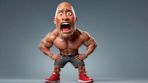 Dwayne johnson is runny with his big head and big face and tiny legs wearing red shoesis a very funny way with big head and face and tiny body intence scared expression , 32k , hd, fhd, 3d render, highly reaulustion.,3d pixarstyle