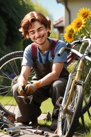 A person repairing a broken bicycle with a smile.
Details: The person is kneeling beside the bike, tools in hand, looking determined despite the challenge. The background shows a sunny day with a path or garden.
