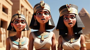 Ancient egyption peoples in aw expresion stating, 3d render ,pixar style.