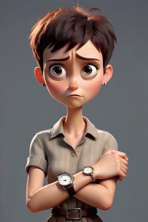 A very poor looking women with very very short hair holding a wrist watch,  pixar style, 3d render.