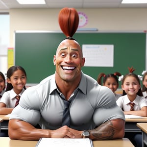 Dwayne Johnson with smile very big funny head and very short tiny body and wearing school unifarm and two poni tails  on his head ,sitting in class room faceing students white board in her background, and chick image in whiteboard, 32k, 3d render, hd, highlidetailed