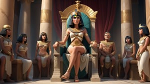 Caesar sits on a lavish throne, looking astonished and captivated by Cleopatra’s beauty and intelligence, with Roman soldiers and advisors looking on in surprise, 3d render, pixar style.