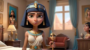 Cleopatra standing alon in her bedroom and she is holding an asp, 3d render ,pixar style.