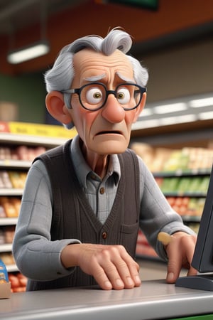 A close-up view of an old man with grey hair and glasses standing at a supermarket checkout. His hands are trembling slightly as he places his items on the counter. The background shows impatient customers with annoyed expressions. 3d render, pixar style.

Image Focus: The old man's face and hands, capturing his gentle demeanor and the frustration in the background.