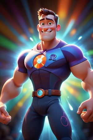 Pixar-style, 3D rendered, 32K, HD, highly detailed, high-resolution image of a character looking vibrant and energetic with a glowing aura around them, holding a StrongLife patch. The background is filled with bright, positive colors and rays of light