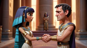 Mark anthoni roman leader and cleopatra standjng in thier palace face expresion are very sad holding each others hands , 3d render, pixar style