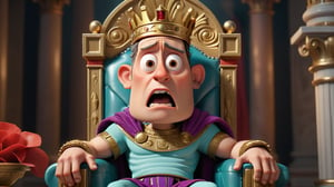 Julious Caesar sits on a lavish throne, looking astonished and surprised, 3d render, pixar style.