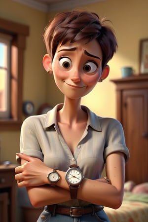 A very poor looking women with very very short hair holding a wrist watch for her husband in her hand,  expression she is very happy , in her poor house ,pixar style, 3d render.